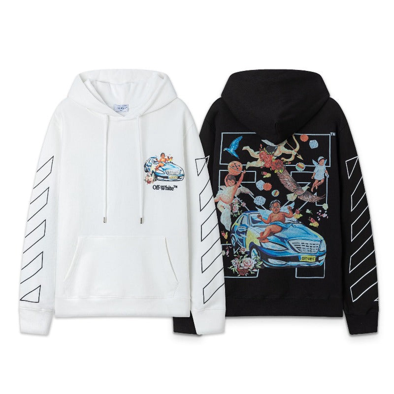 OW Angel Car Pattern Pullover Hooded Sweater