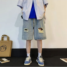 Men Jeans Light Blue Drawstring Ripped Denim Shorts Oversize