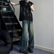 Men Jeans Dark Blue Vintage Jeans Straight Wide Leg Pants