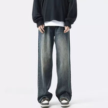 Men Jeans Summer Retro Casual Pants Washed Loose Straight-Leg Wide-Leg Pants