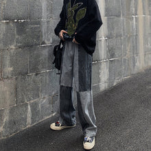 Men Jeans Washed Old Baggy Straight Trousers Contrast Color Tie-Dye Denim Trousers
