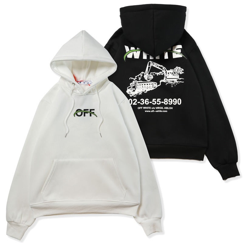 OW excavator letter pattern fleece hooded sweater