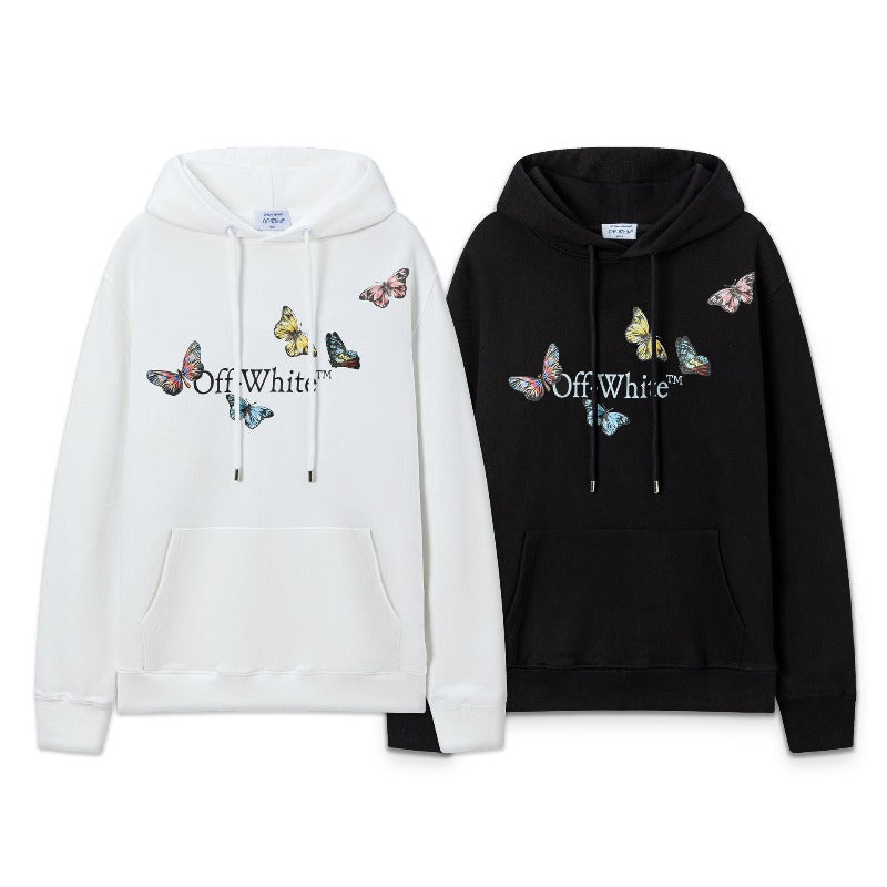 OW Butterfly Letter Print Pattern Pullover Hooded Sweater