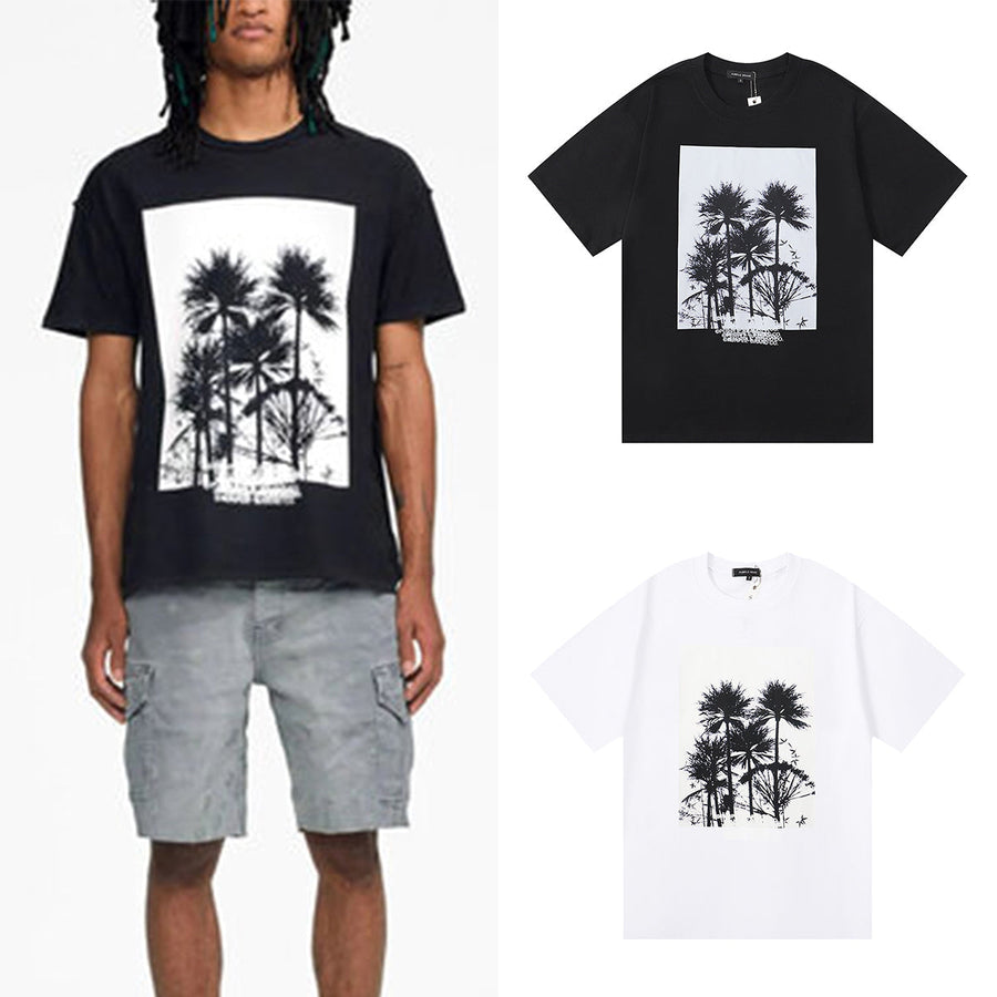 Purple T Shirts Palm Tree Print Cotton Casual Versatile Short Sleeve Men and Women