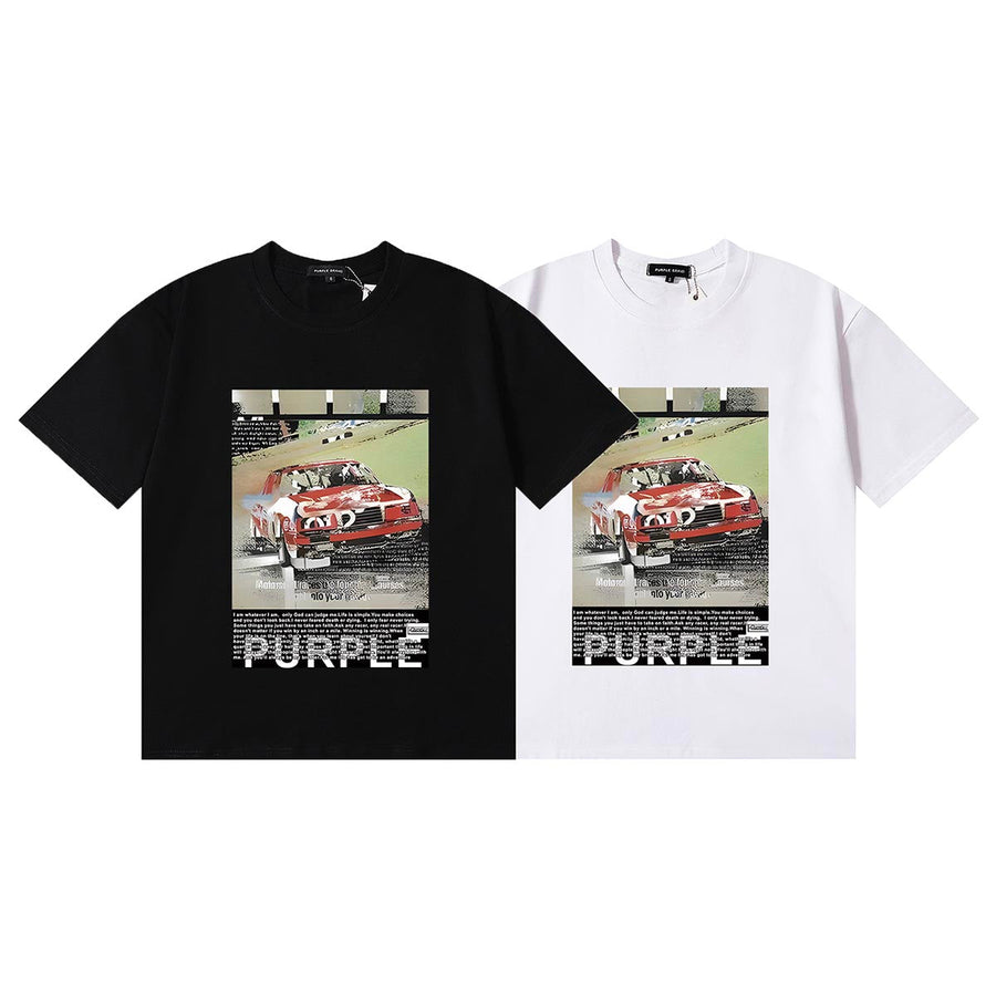 Purple T Shirts Racing Poster Printing Cotton Casual Short Sleeves Men and Women