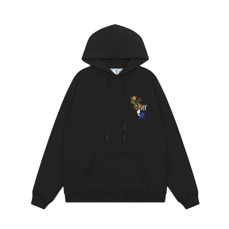 OW Maple Leaf Letter Arrow Pattern Pullover Hooded Sweater