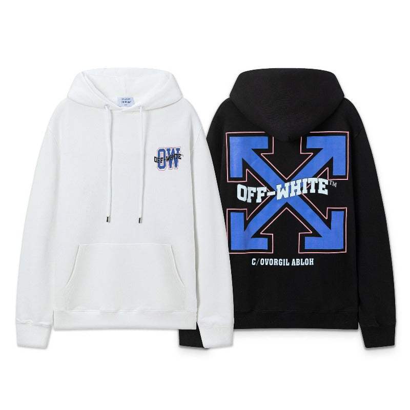 OW Blue Letter Arrow Pattern Pullover Hooded Sweater