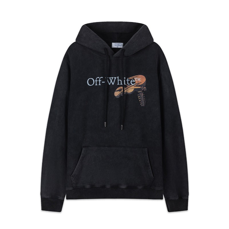 OW Angel Violin Pattern Pullover Hooded Sweater