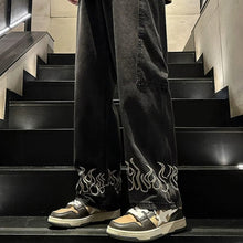 Men Jeans Embroidered Flame Jeans Baggy Straight Trousers