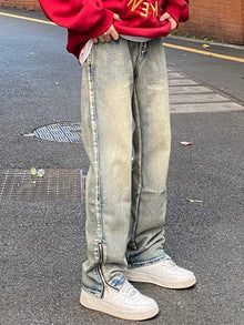 Men Jeans Washed Zipper Jeans Spring and Autumn Vintage Casual Loose Trousers