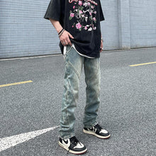 Men Jeans Washed Distressed Stitching Jeans Loose Straight Trousers