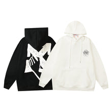 Off White hoodie with a fleece hood with a palm globe arrow pattern