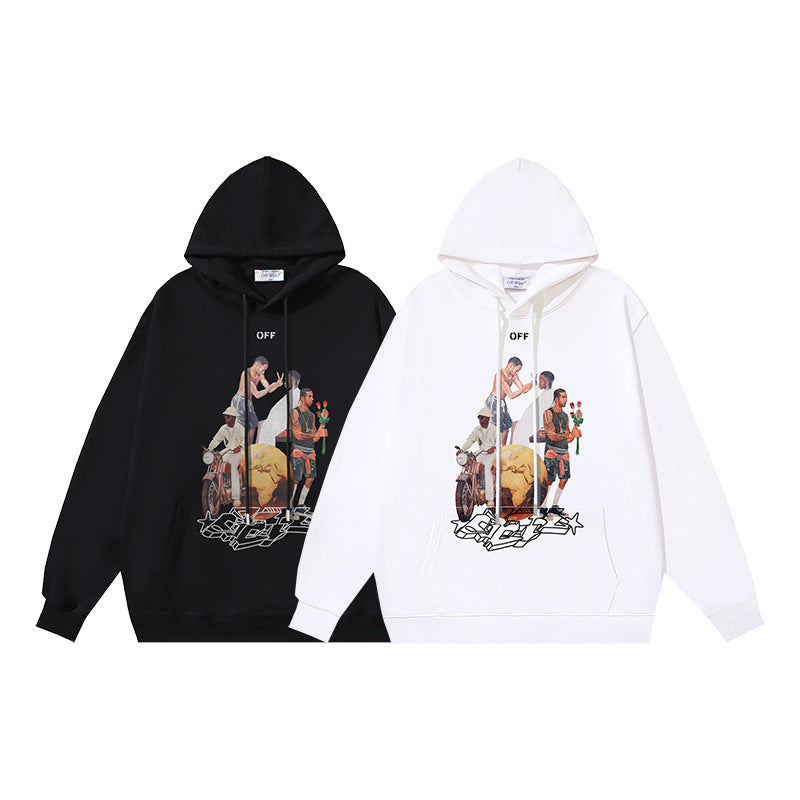 OW black character print pattern pullover hooded sweater