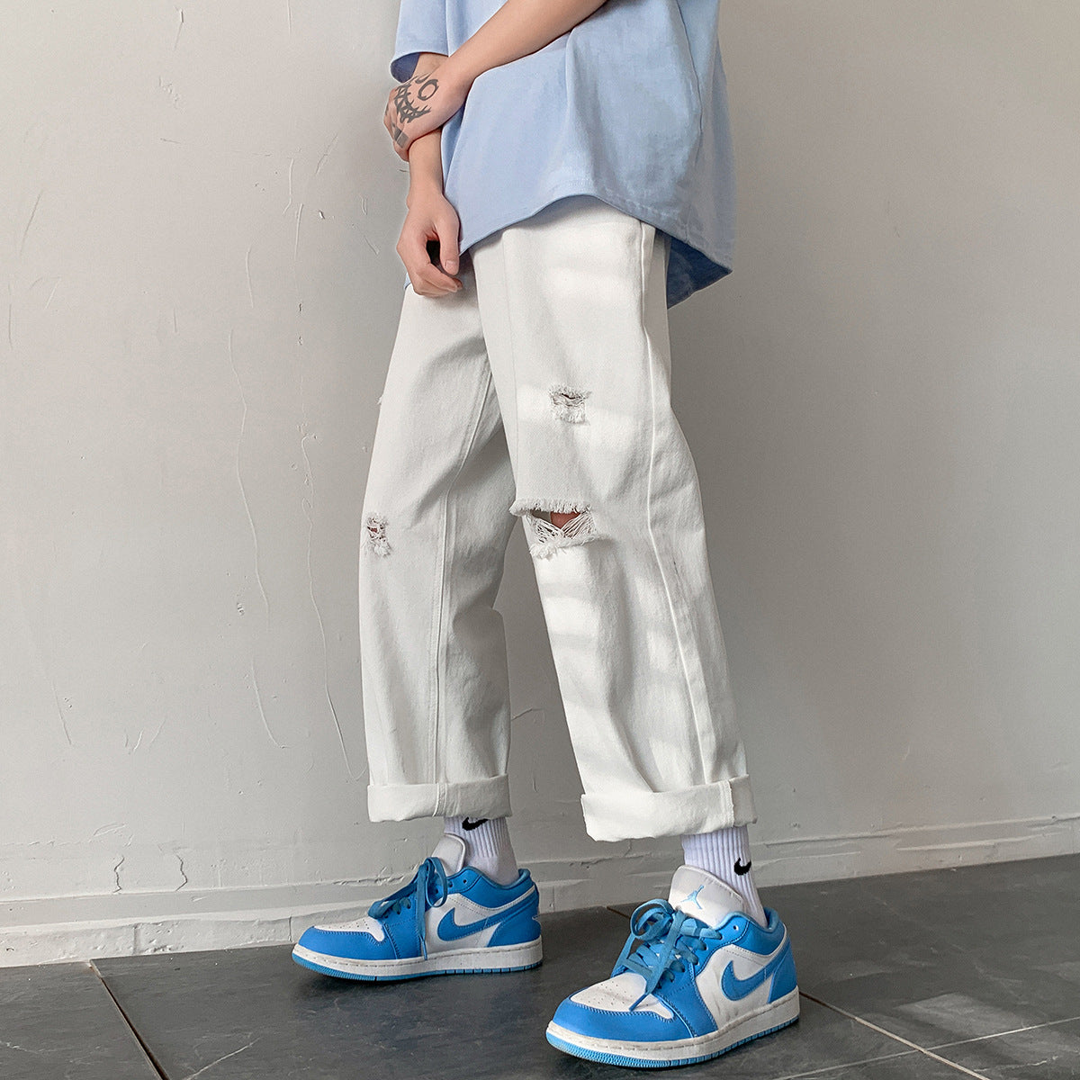 Men Jeans Ripped Jeans Men's Summer Straight Loose Pants