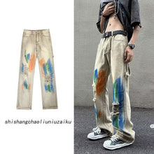 Men Jeans Washed Jeans Ripped Tie-Dye Pants Men Straight-Leg Pants