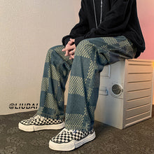 Men Jeans Chessboard Plaid Jeans Autumn Straight Wide-Leg Pants Retro Loose Trousers