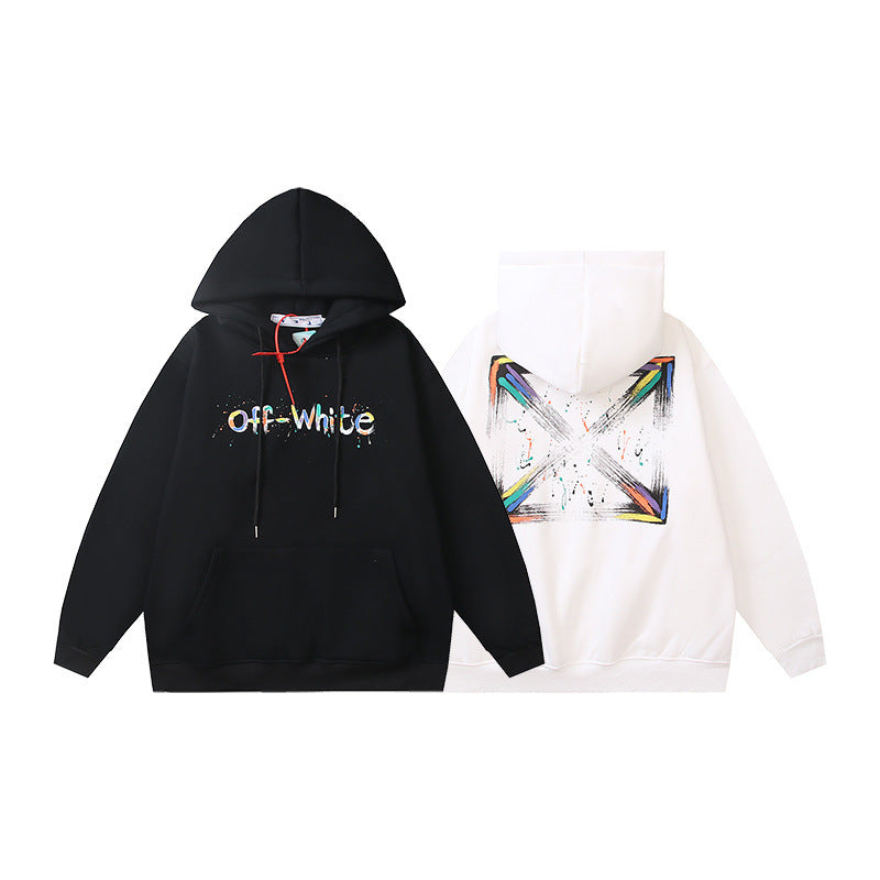 OW Color Letter Arrow Pattern Pullover Fleece Hooded Sweater