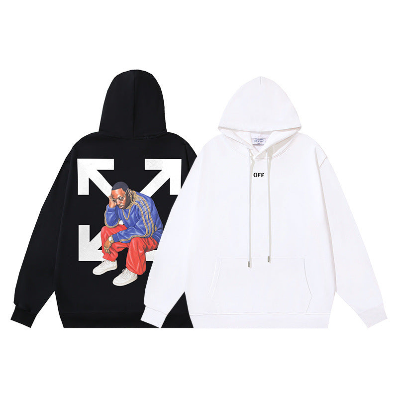 OW black character print pattern pullover hooded sweater