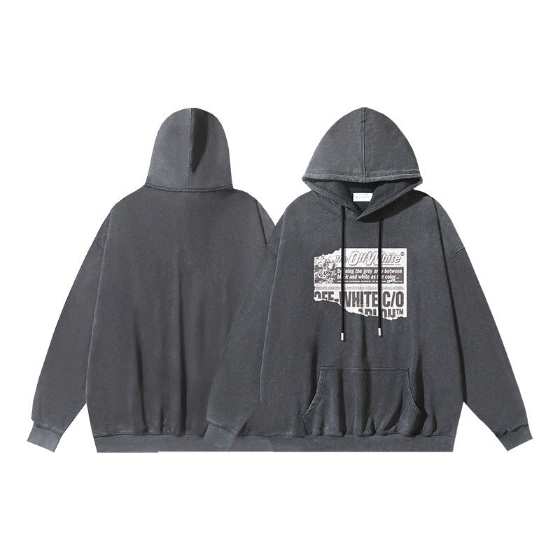 OW made old broken newspaper pattern pullover hooded sweater