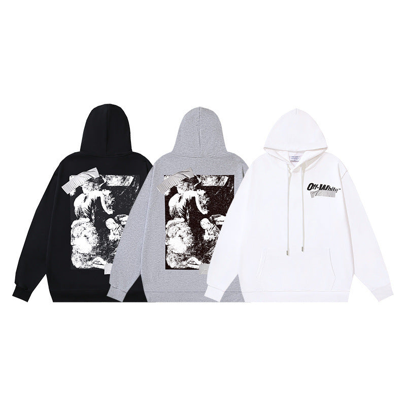 OW tape printed pattern pullover hooded sweater
