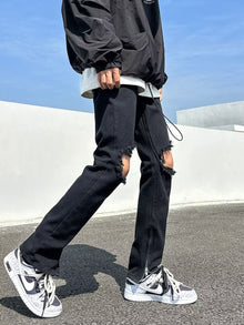 Men Jeans Black Ripped Zipper Jeans Summer Straight-Leg Trousers