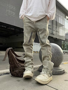 Men Jeans Worn Looking Washed-out Side Zipper Slightly Flared Jeans