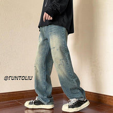 Men Jeans Vintage Jeans Autumn Distressed Washable Pants Loose Straight Wide Leg Pants