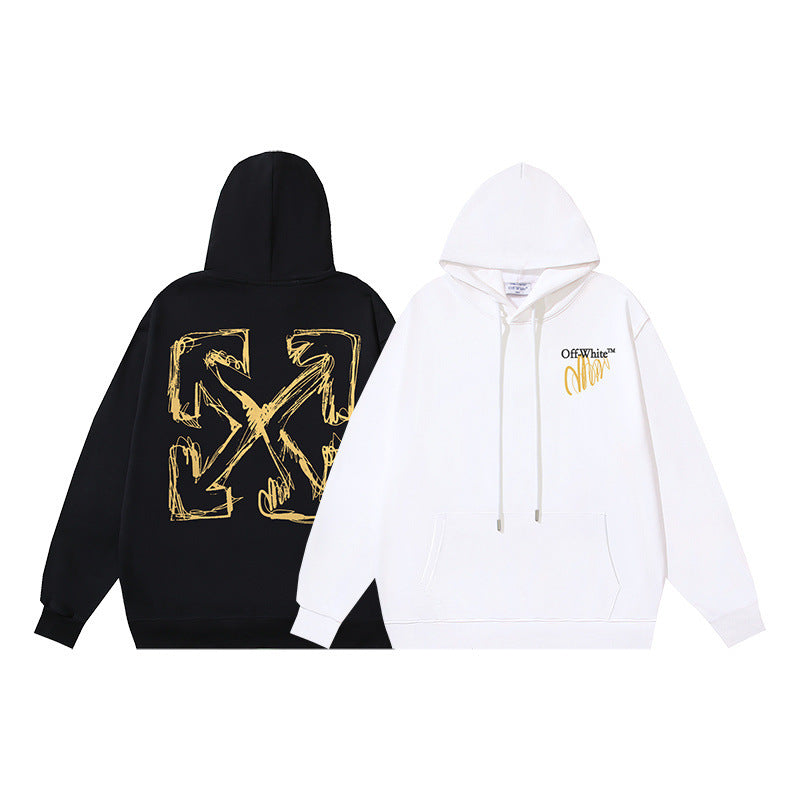 OW letter arrow print pattern pullover hooded sweater