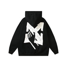 Off White hoodie with a fleece hood with a palm globe arrow pattern