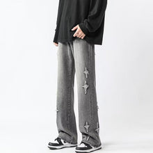 Men Jeans Cross Embroidery Straight-Leg Pants Spring Loose Retro Oversized Casual Trousers