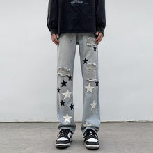 Men Jeans Five-Pointed Star Ripped Jeans Men's Spring Loose Straight Wide-Leg Pants