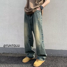 Men Jeans Washed Worn Jeans Loose Wide-Leg Straight Pants