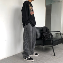 Men Jeans Washed Denim Trousers Elastic Waist Baggy Straight Trousers