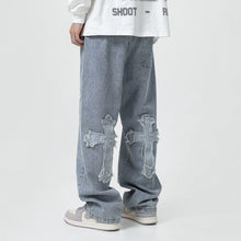 Men Jeans Cross Patchwork Jeans Hip Hop Straight Loose-Fitting Wide-Leg Trousers
