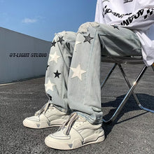 Men Jeans Five-Pointed Star Embroidered Jeans Retro Tattered Jeans Straight-Leg Pants