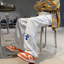Men Jeans Cross Printed Jeans Men's Loose Straight Wide Leg Pants