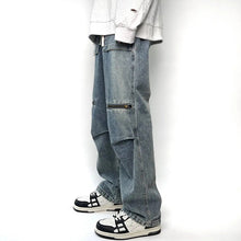 Men Jeans Spring and Autumn Vintage Zipper Loose Straight Wide Leg Straight Casual Trousers