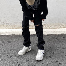 Men Jeans Vintage Black Knee Ripped Zipper Jeans