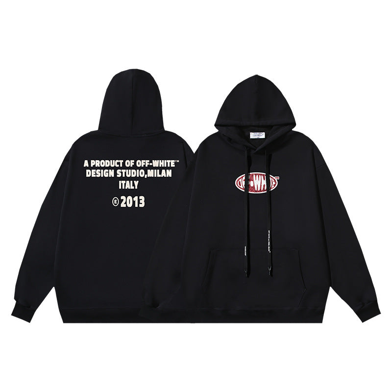OW Black Crystal Letter Printed Pattern Hooded Sweater