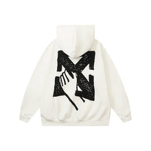 Off White hoodie with a fleece hood with a palm globe arrow pattern