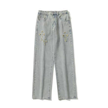 Men Jeans Retro Washed Cross Embroidered Jeans