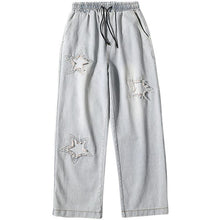 Men Jeans Five-Pointed Star Summer Washed-out Vintage Wide Leg Denim Trousers