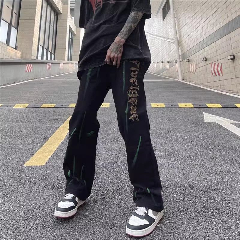 Men Jeans Retro Alphabet Rhinestone Printed Straight Jeans