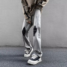 Men Jeans Gray Broken Hole Jeans Public Zipper Split Bootcut Trousers