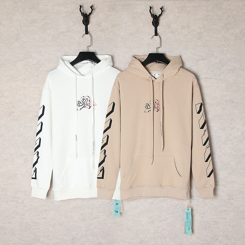 OW curved arrow pattern pullover hooded sweater