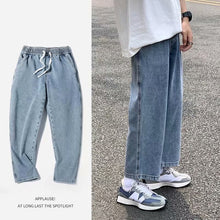 Men Jeans Vintage Light Color Elastic Waist Jeans Straight Wide Pants