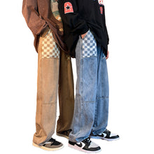 Men Jeans Autumn and Winter Chessboard Plaid Jeans Loose Straight Casual Working Pants