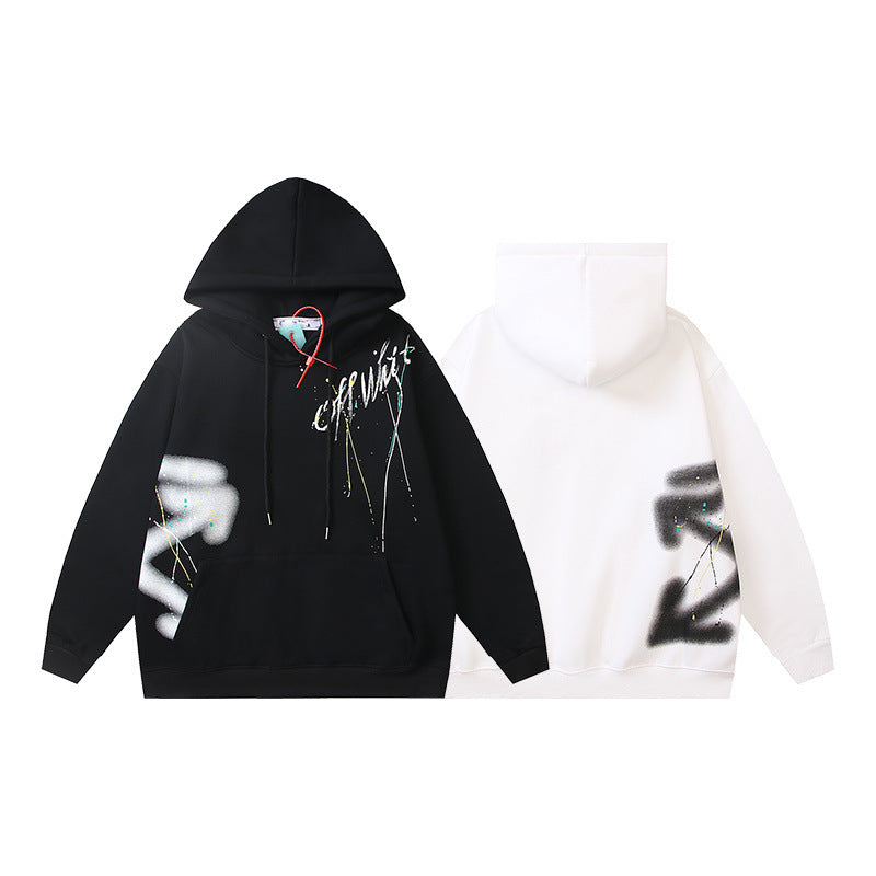 OW splashed ink arrow pattern sleeves fleece hooded sweater