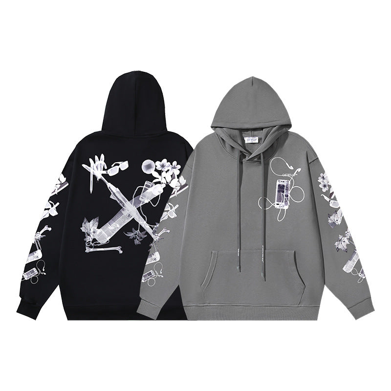 OW mobile phone floral earphone print pattern hooded sweater