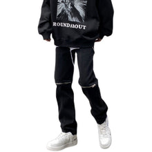 Men Jeans Vintage Black Knee Ripped Zipper Jeans